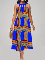  Graphic Print Cut Out Halter Neck Midi Tank Dress