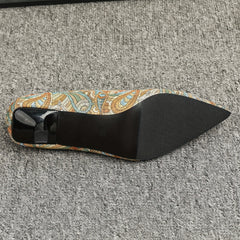Women's Paisley Print Kitten Heels Slip On Low Heels Dressy Shoes