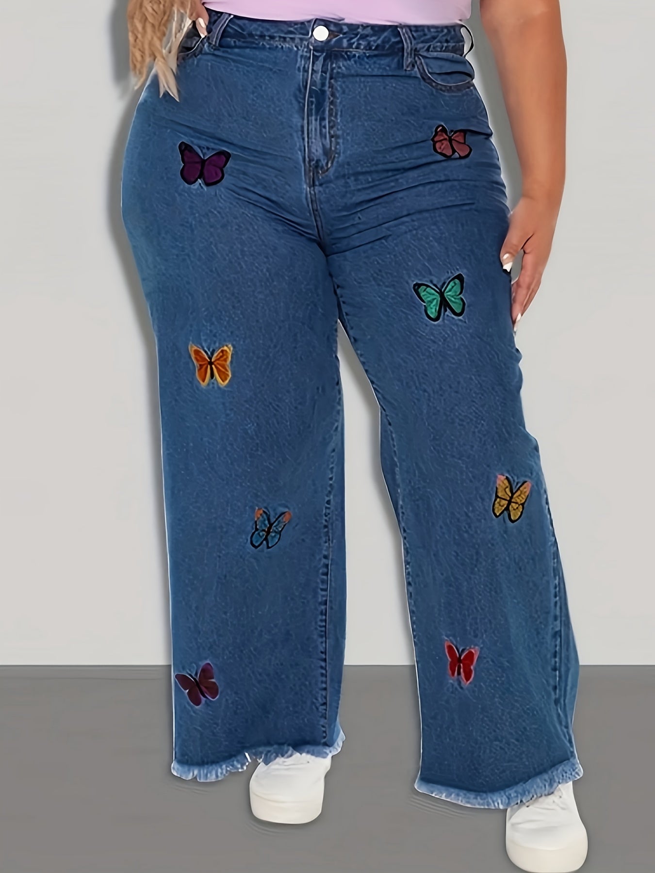  Butterfly Print Wide Leg Jeans