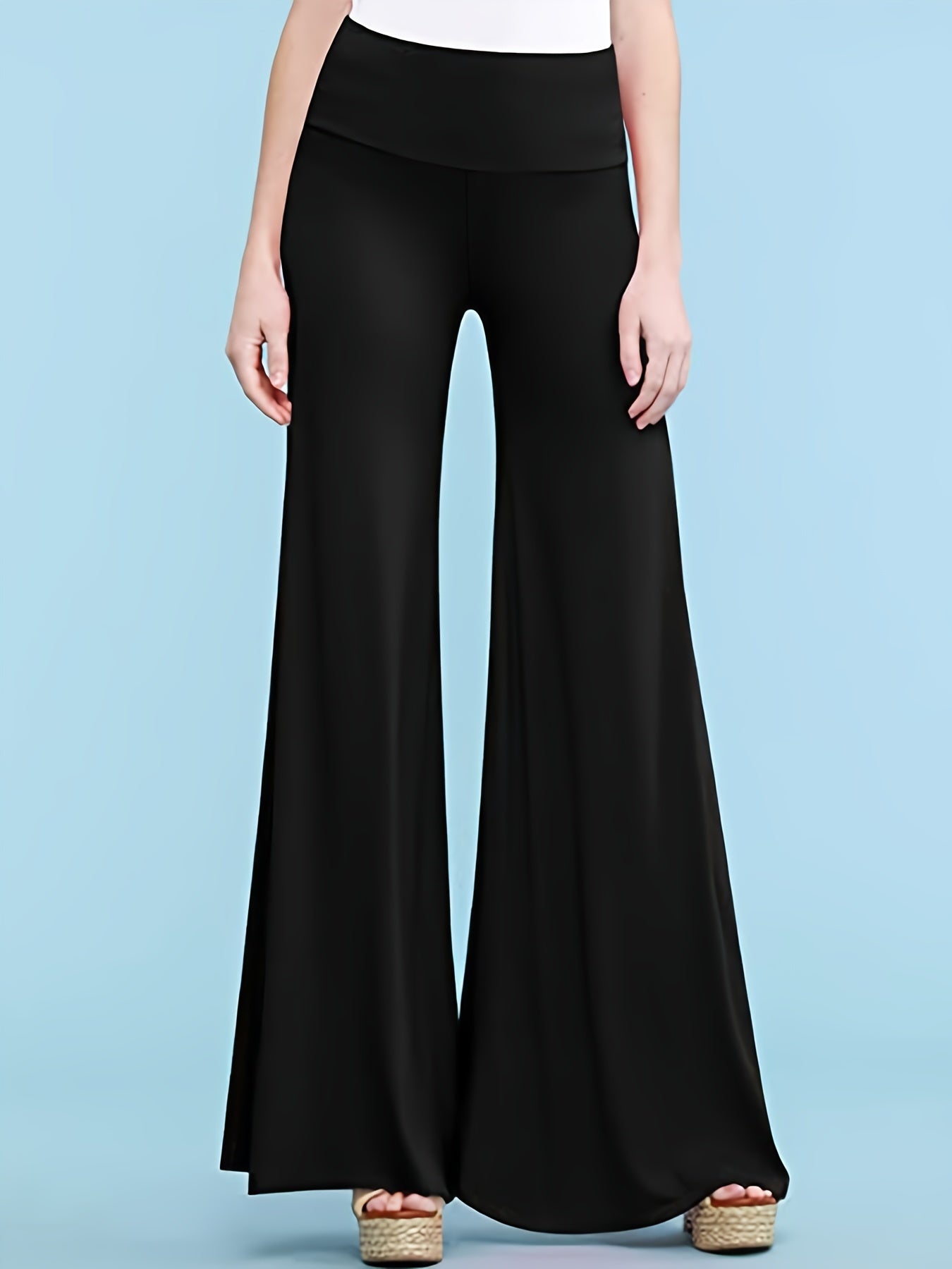  Solid Wide Band Waist High Rise Wide Leg Pants
