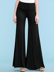 Solid Wide Band Waist High Rise Wide Leg Pants