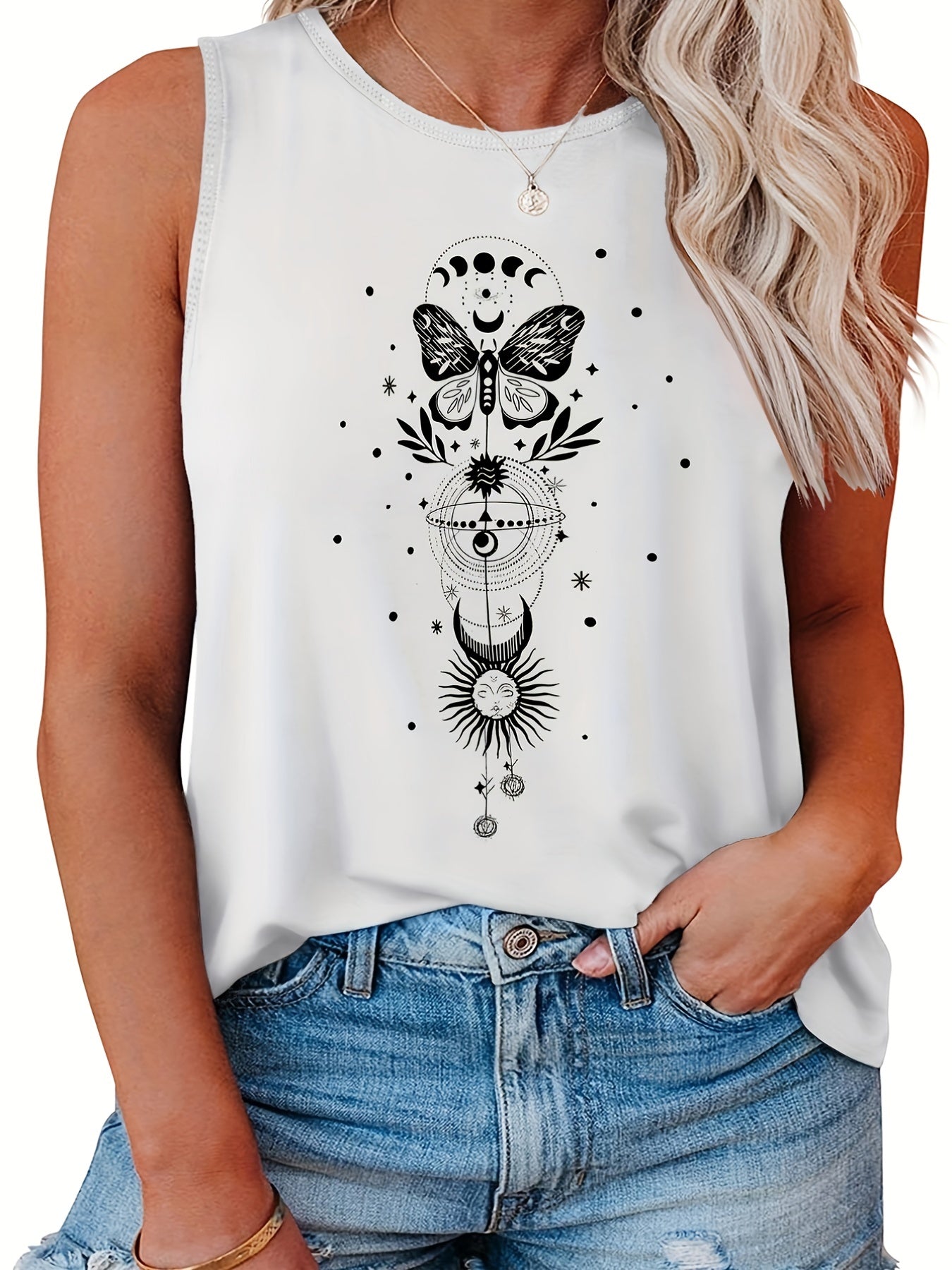  Butterfly & Moon Print Tank Top for Women