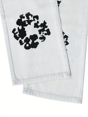Men's Floral Pattern Loose Fit Jeans Street Style Denim Pants