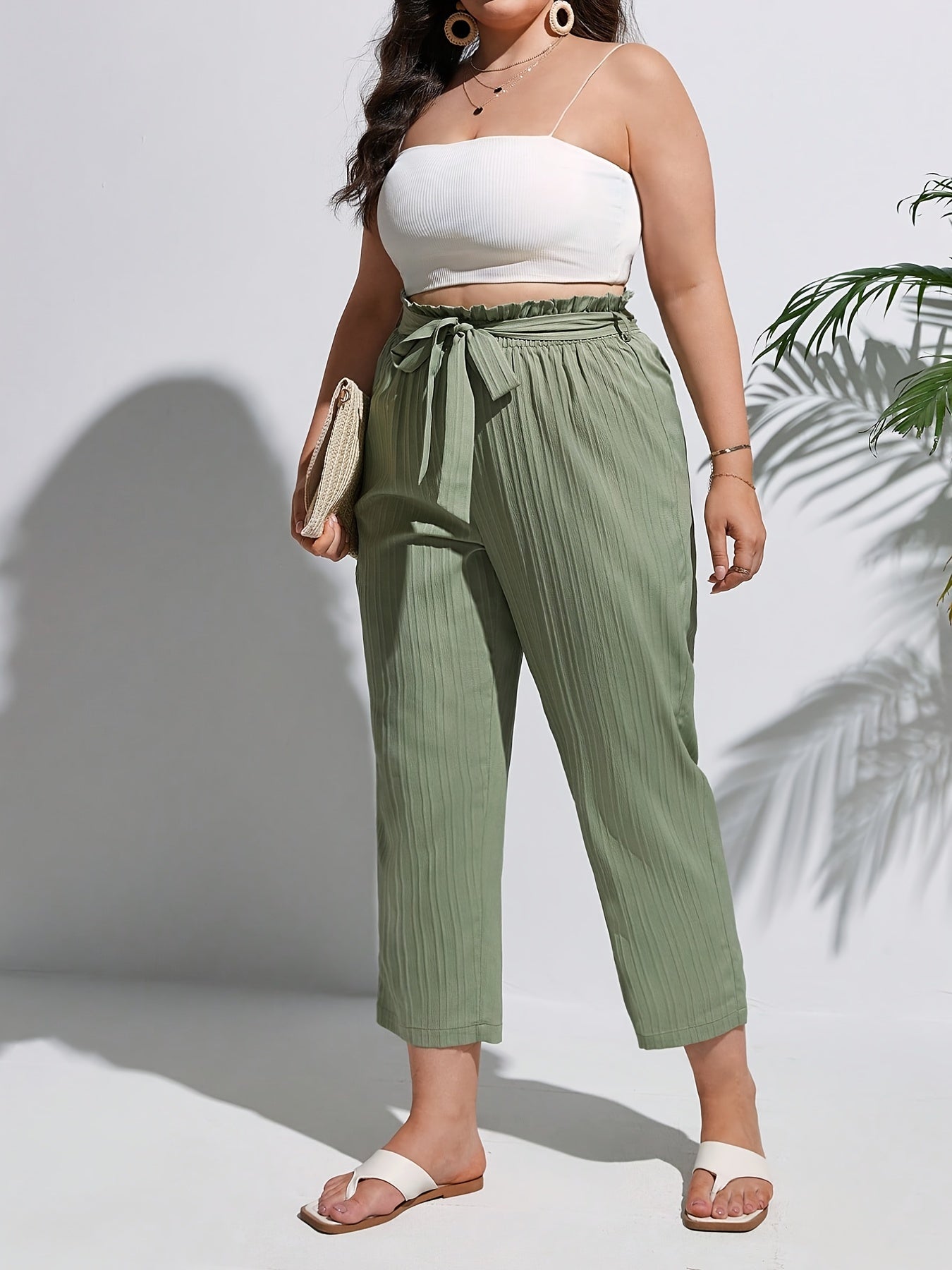  Ribbed High Rise Paperbag Waist Pants With Belt