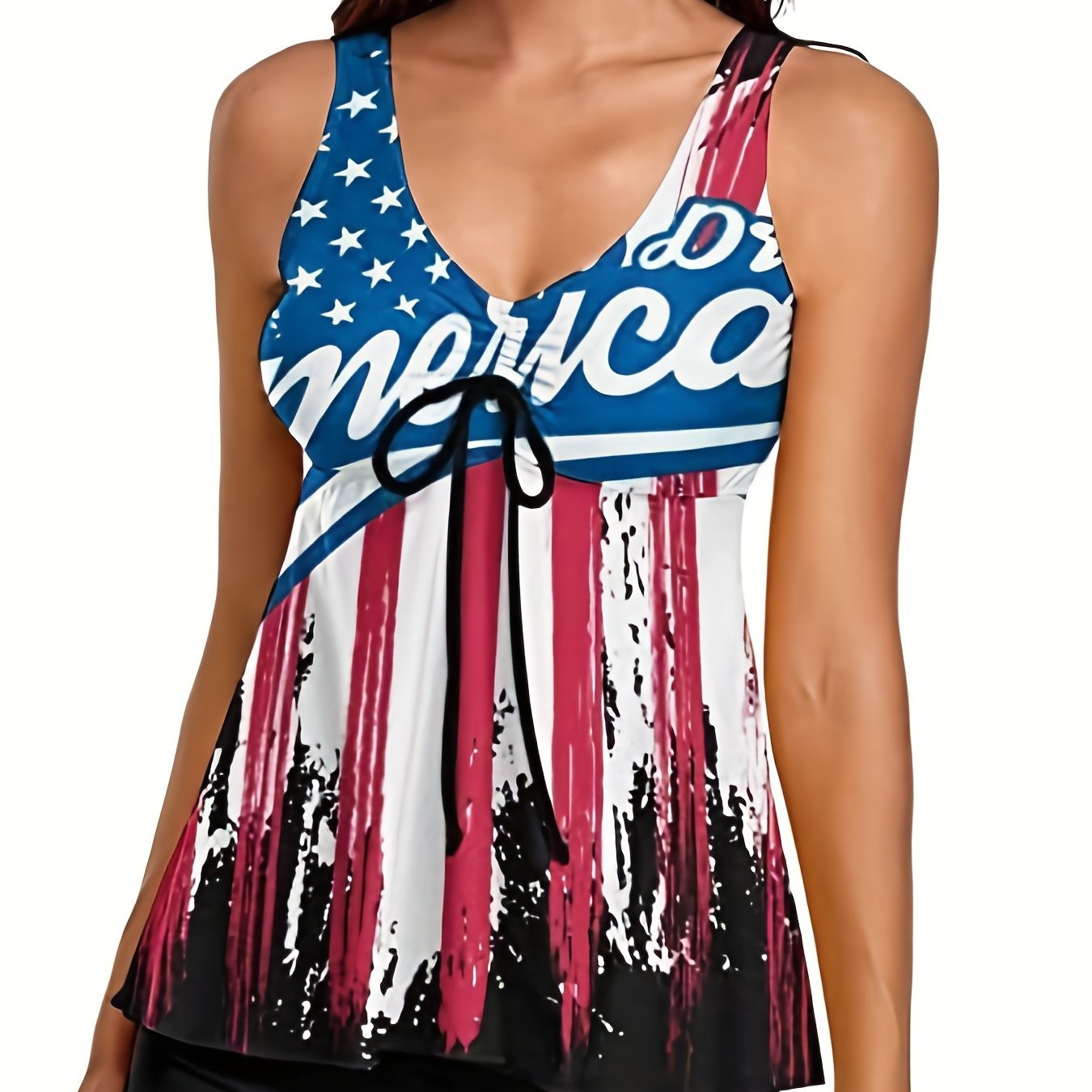  Independence Swimsuit Set Flag Print V Neck Tie Front Tank Top & Short