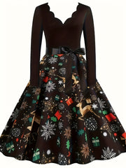  Colorblock Print V Neck Floral Trim Dress