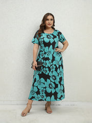  Floral Print Short Sleeve Midi Dress