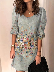  Casual Floral Print Long Sleeve Stretch Dress