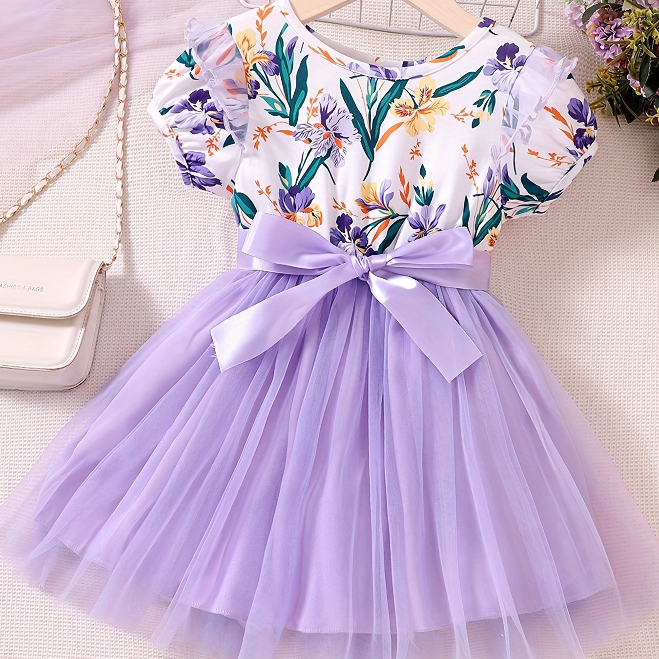 Toddler Girls Flowers Graphic Mesh Princess Dress with Belt