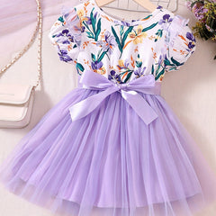 Toddler Girls Flowers Graphic Mesh Princess Dress with Belt