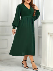  Solid Lantern Sleeve Maxi Dress With Belt