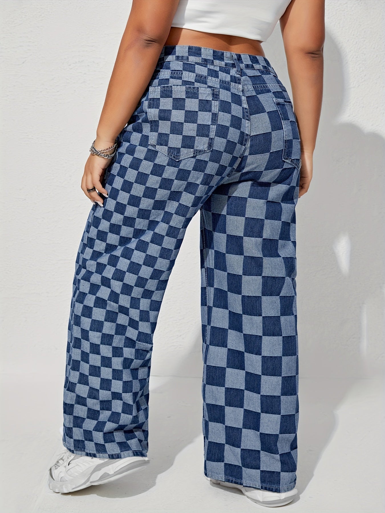  Checkboard Print High Waist Wide Leg Jeans