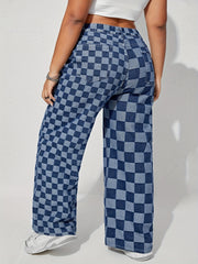  Checkboard Print High Waist Wide Leg Jeans
