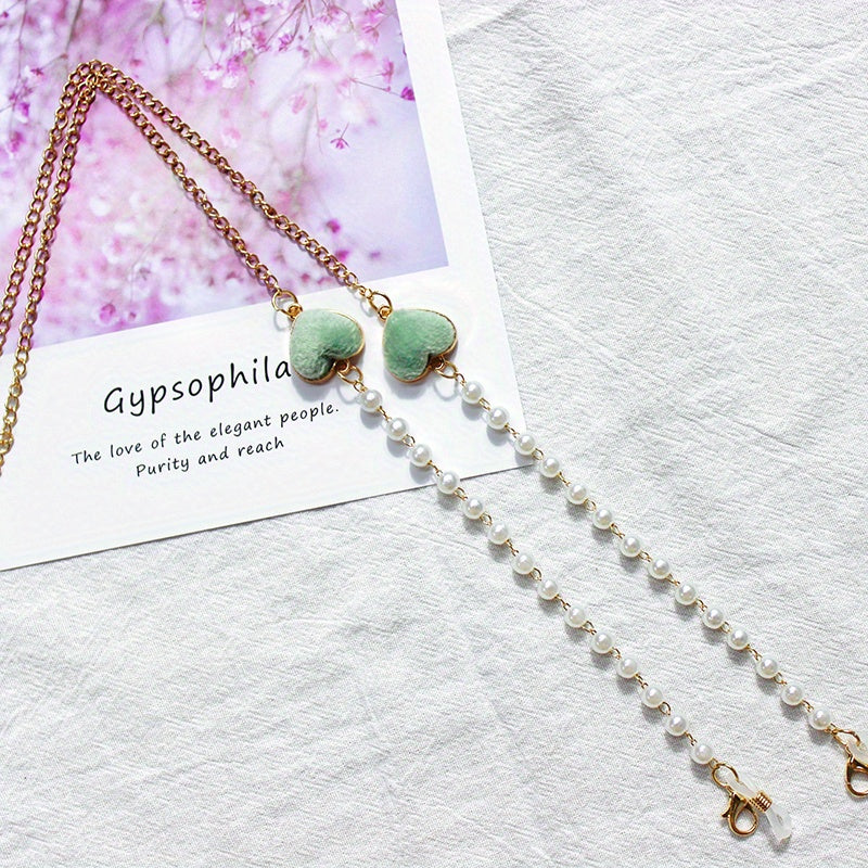 Velvet Double Heart Pendant Mask Chain with Faux Pearl Detail