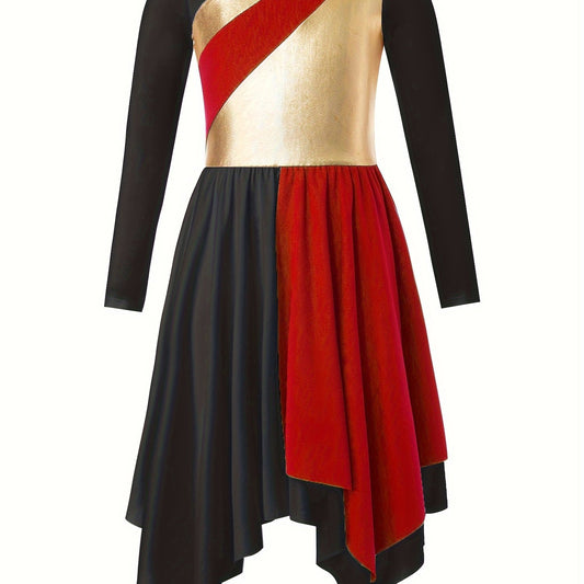 Girls Splicing Crew Neck Long Sleeve Dance Dress
