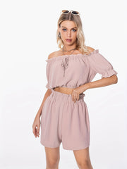 Ruffle Trim 2pc Set Off Shoulder Crop Top & Loose Shorts