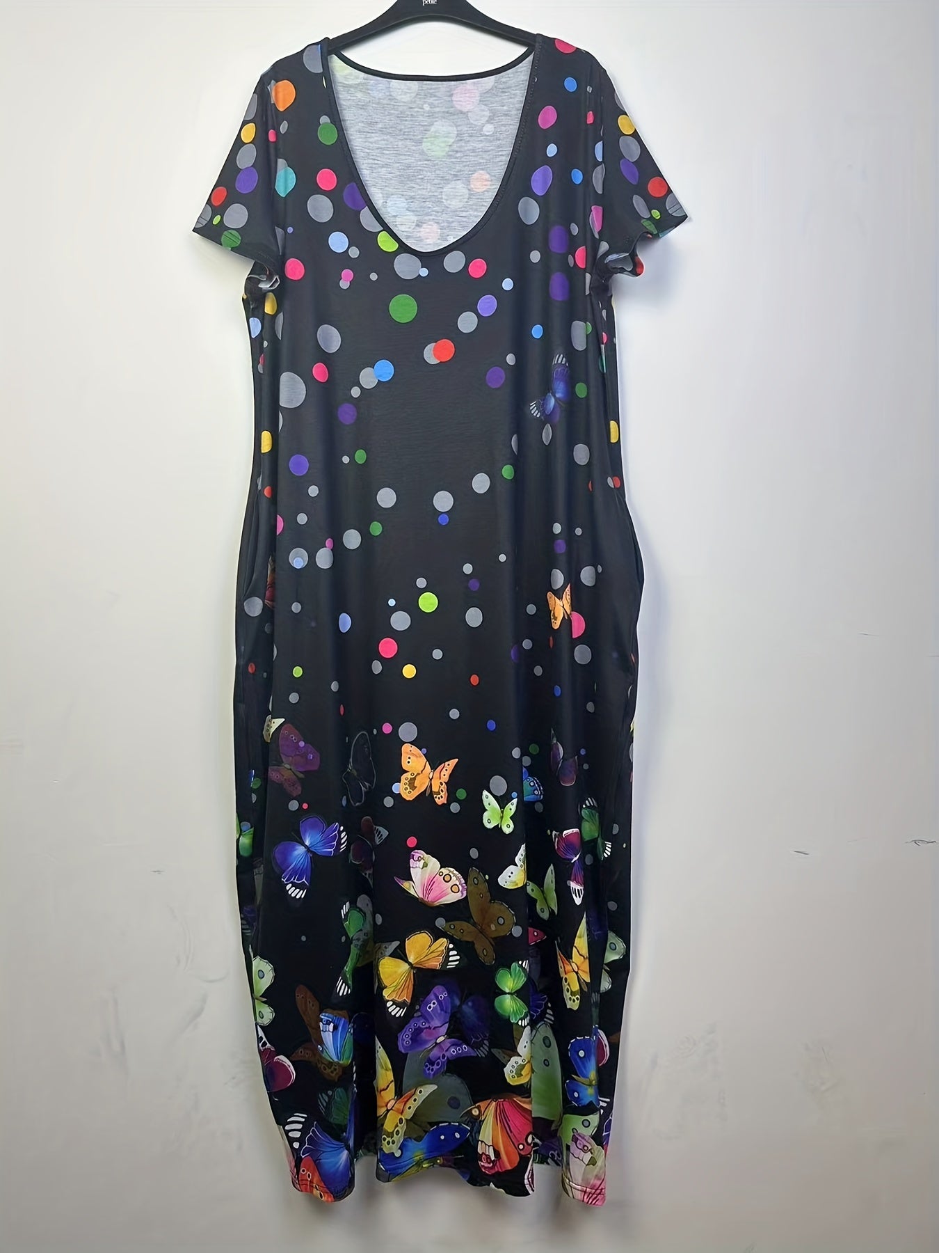  Butterfly & Dot Print Short Sleeve V Neck Maxi Dress With Pockets