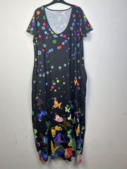 Butterfly & Dot Print Short Sleeve V Neck Maxi Dress With Pockets