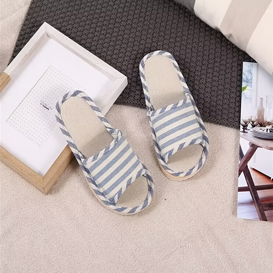 Men's Linen Striped Slides Lightweight Slippers for Indoor Outdoor Beach