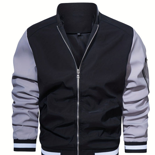 Men's Block Long Sleeve Jacket With Pockets Casual Stand Collar