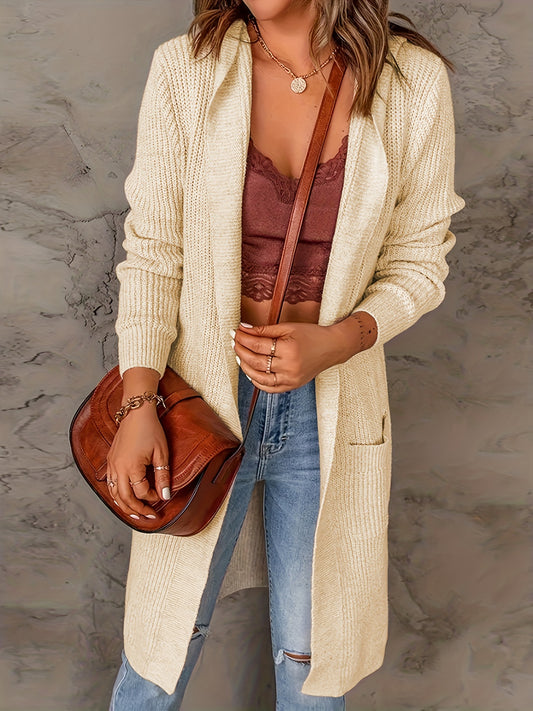  Solid Long Sleeve Open Front Cardigan With Pockets