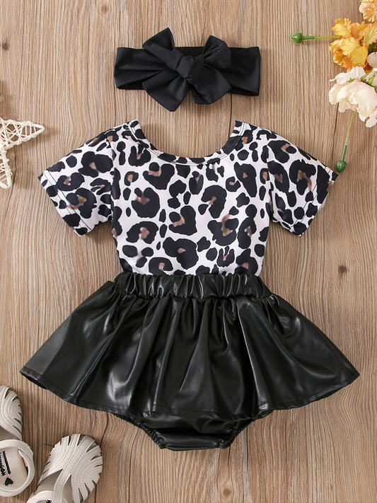 Leopard Print Romper & Faux Leather Skirt Set