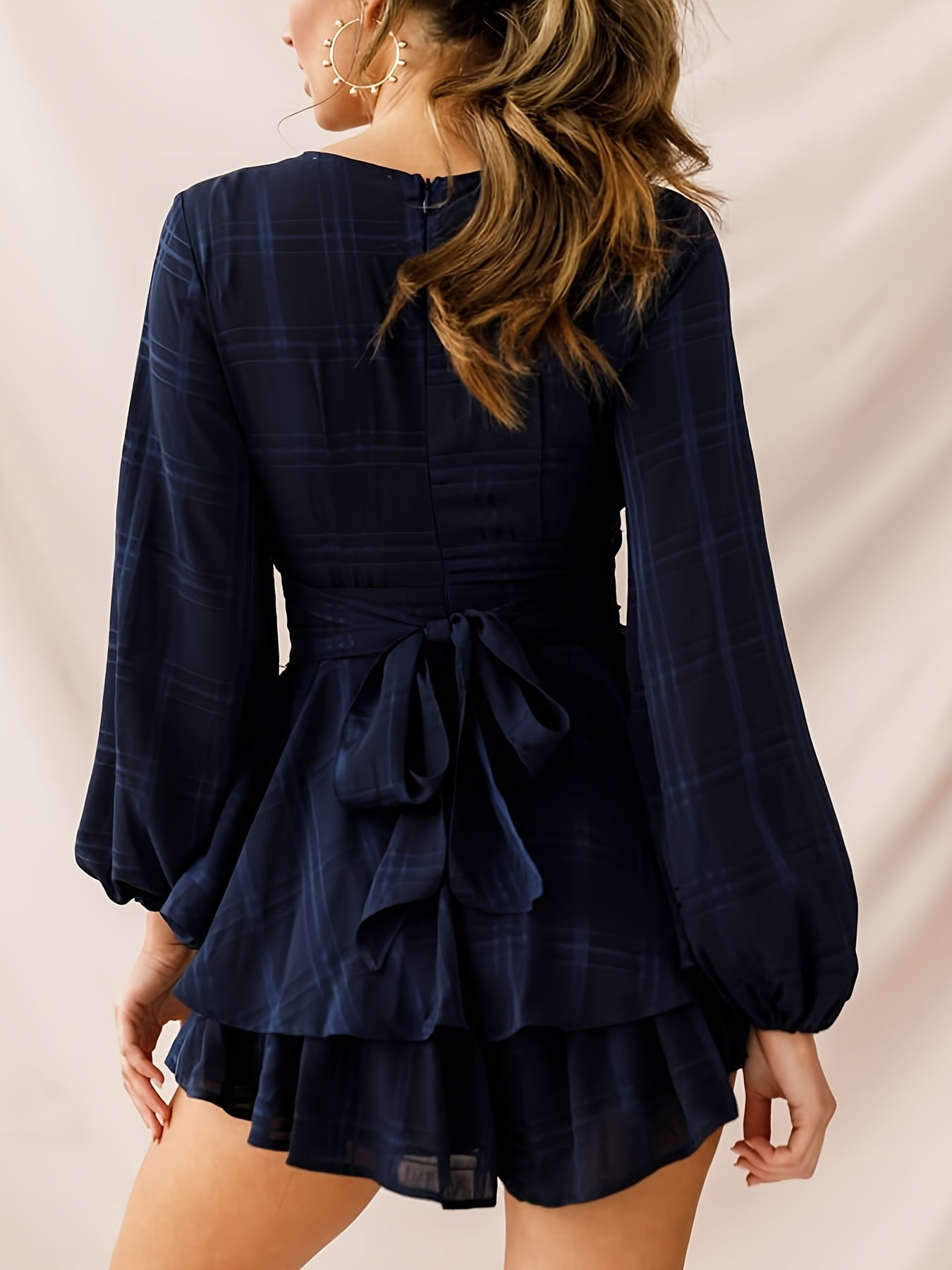 Layered Lace Up Romper Playsuit Long Sleeve V Neck Jumpsuit
