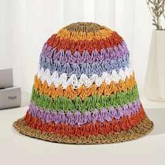 Rainbow Striped Bucket Hat Crochet Straw Sun Hat