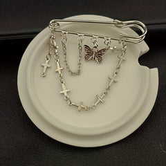 Butterfly Cross Chain Brooch Minimalist Tassel Pin