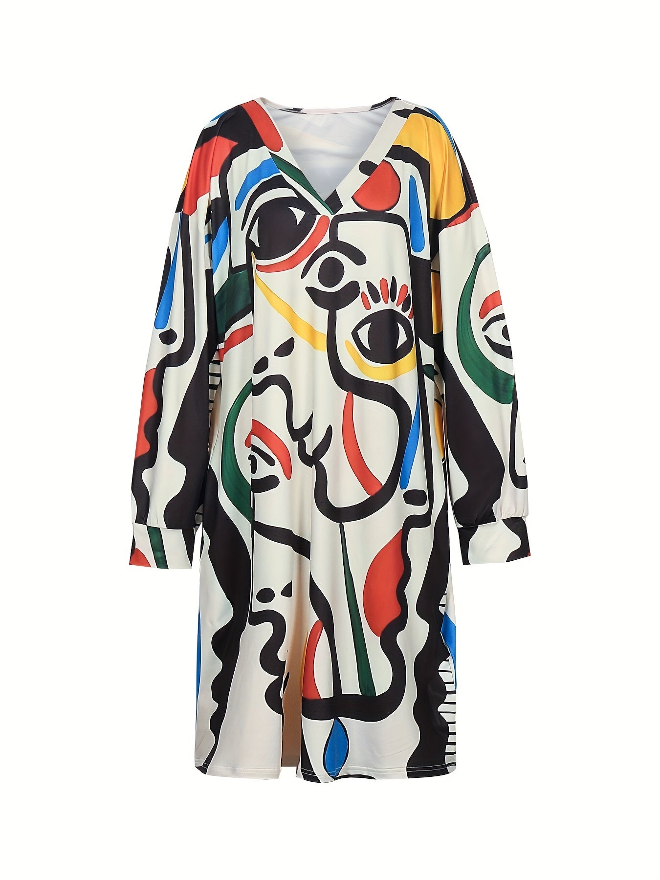  Abstract Figure Print V Neck Dress With Pockets