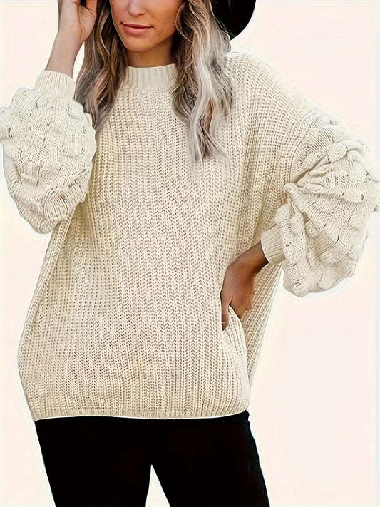  Casual Sweater Women's Plus Solid Chunky Knitted Puff Sleeve