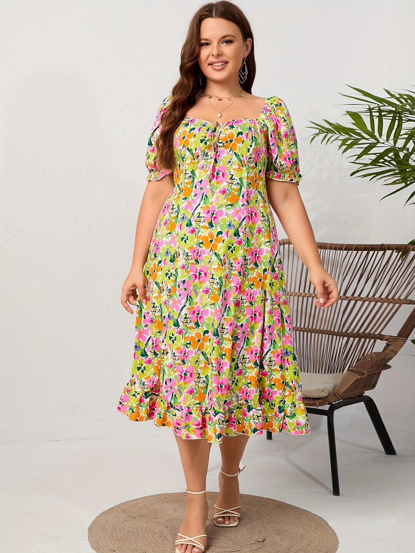  Ditsy Floral Print Ruffle Trim Puff Sleeve Maxi Dress