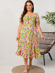  Ditsy Floral Print Ruffle Trim Puff Sleeve Maxi Dress