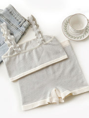 Grey Striped Matching Lingerie Set Soft Camisole Bra & Boyshort Panty