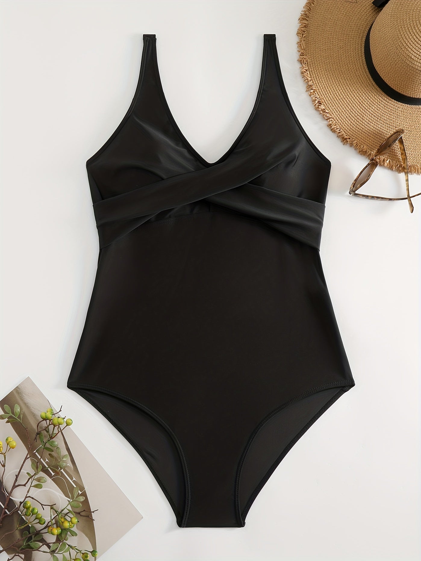  Modest Swimsuit Cross Front V Neck One Piece Swimsuit