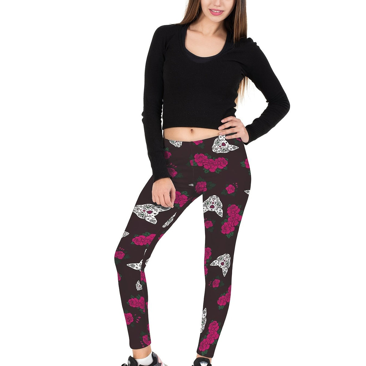 Floral & Cat Print High Waist Leggings