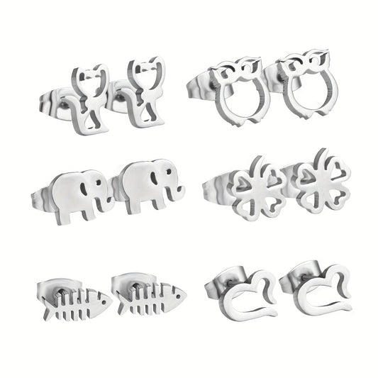 6Pairs Box Stainless Steel Cat Clover Heart Stud Earrings Set For Girls