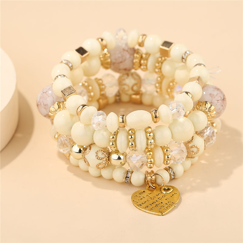Heart Charm Bead Layered Bracelet Set Vintage Jewelry Gift