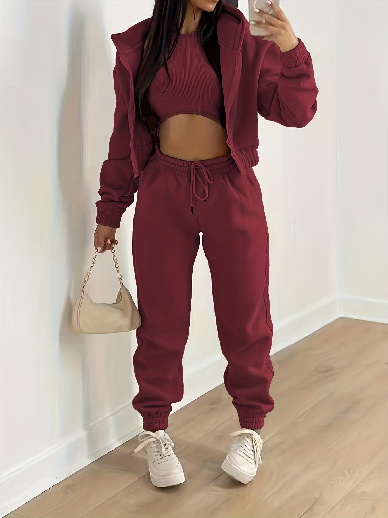 Casual 3pc Set Hooded Jacket, Tank Top, Jogger Pants