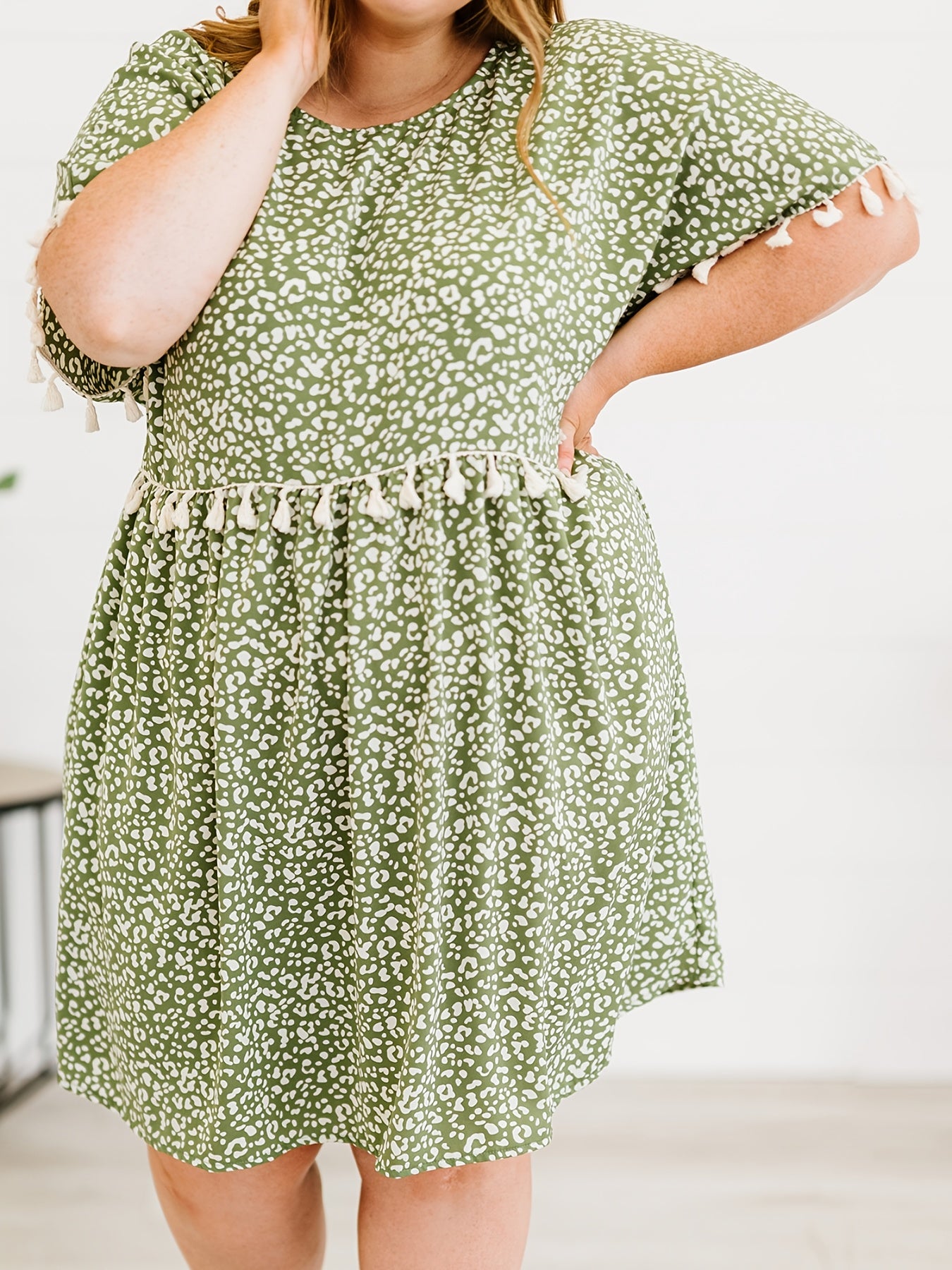  Leopard Print Fringe Trim Midi Dress