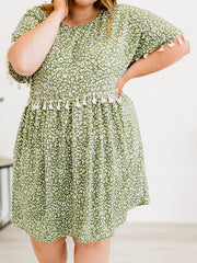  Leopard Print Fringe Trim Midi Dress