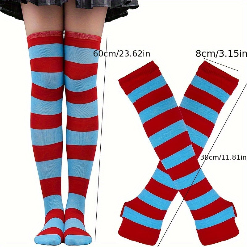 Striped Knit Thigh Long Stockings & Fingerless Gloves Set