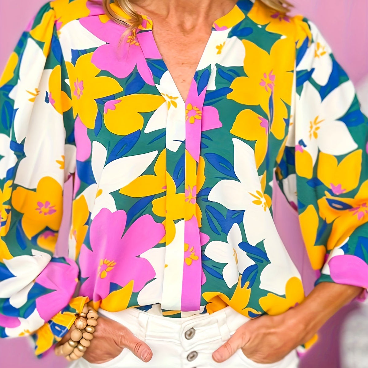  Floral Print Lantern Sleeve Notched Neck Tunic Top