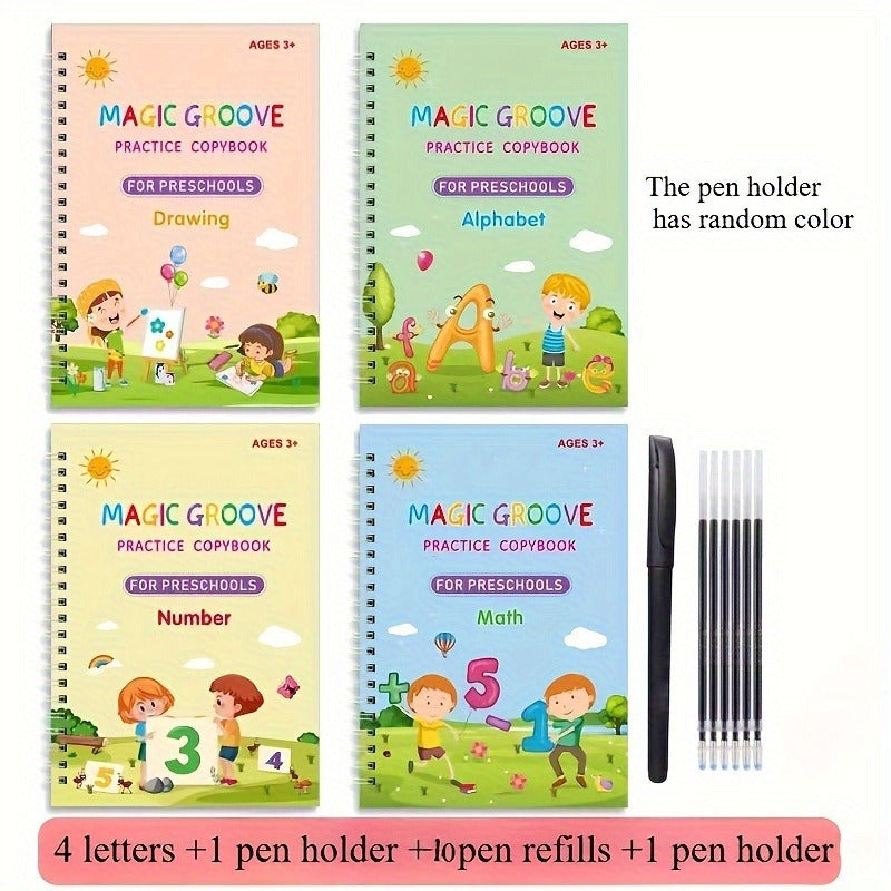 4pcs Reusable Handwriting Practice Books for Kids Ages 3-6 with Alphabet, Number