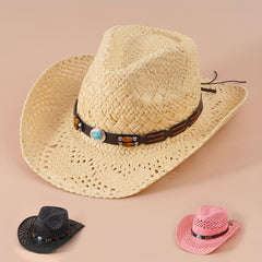 Western Cowboy Straw Hat With Large Wood Beads Turquoise Leather Belt