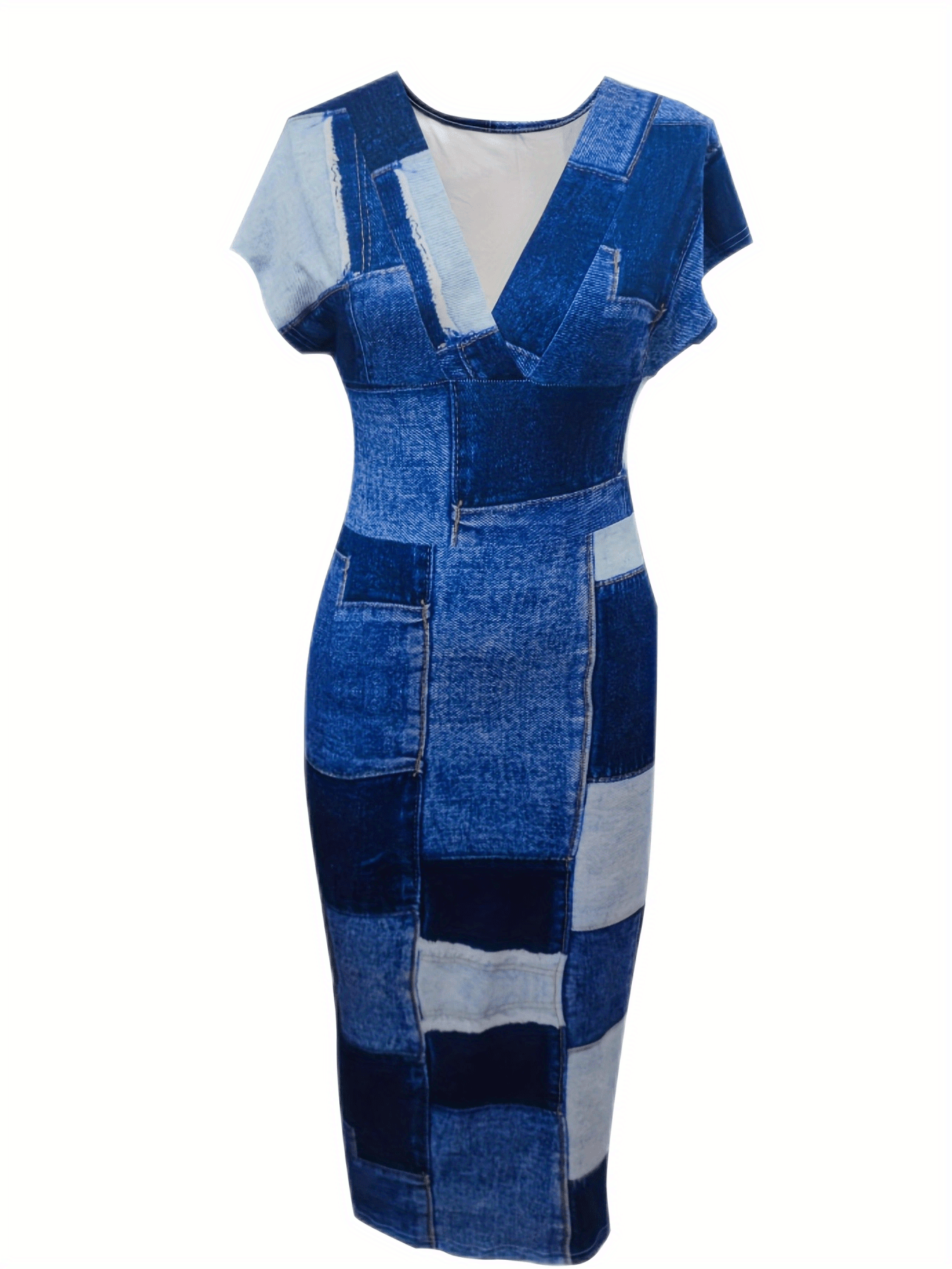  Colorblock Denim Print Batwing Midi Dress