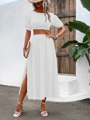 Solid Two Piece Set Crop Top & Split Skirt Outfit