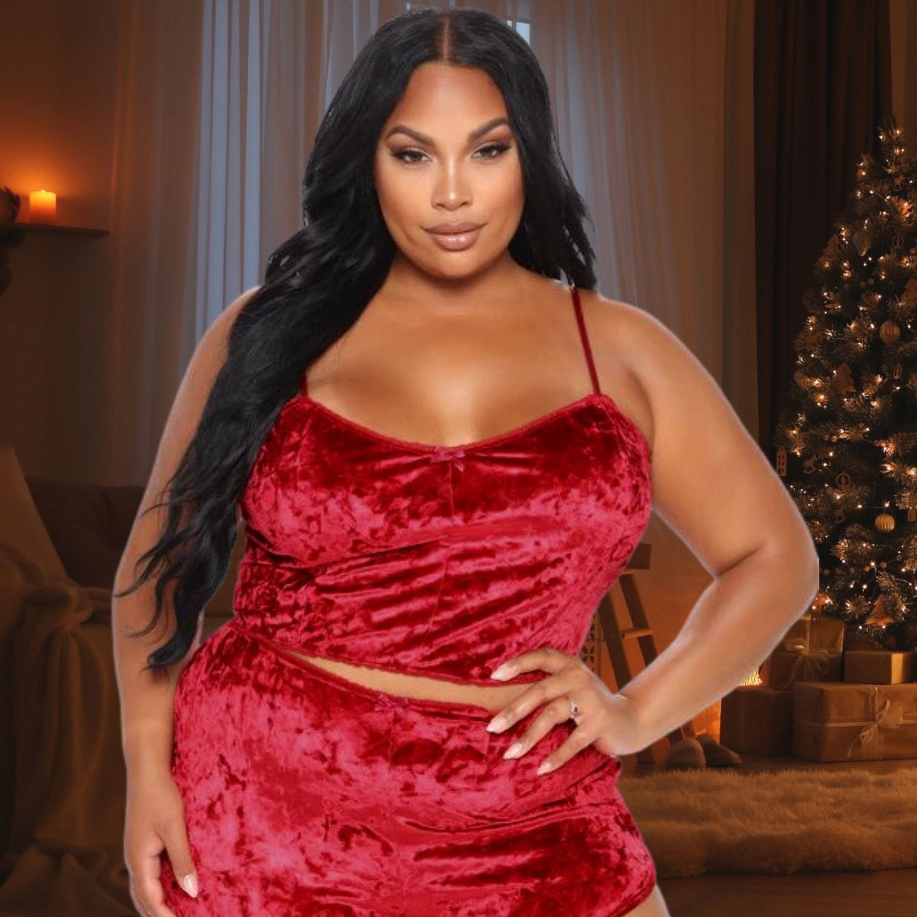  Sexy Pajamas Set Velvet Crop Cami Top & Shorts 2 Piece Set