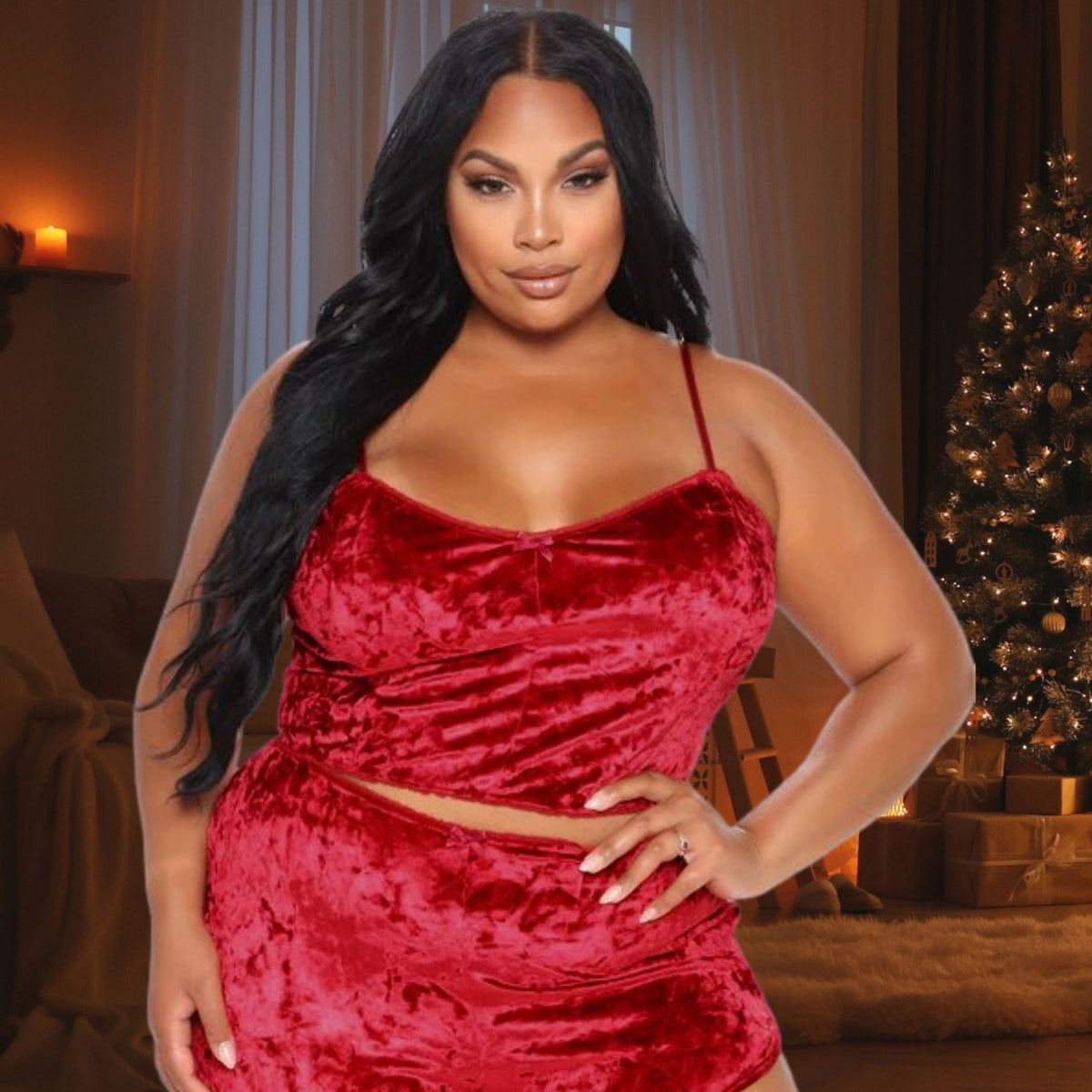  Sexy Pajamas Set Velvet Crop Cami Top & Shorts 2 Piece Set
