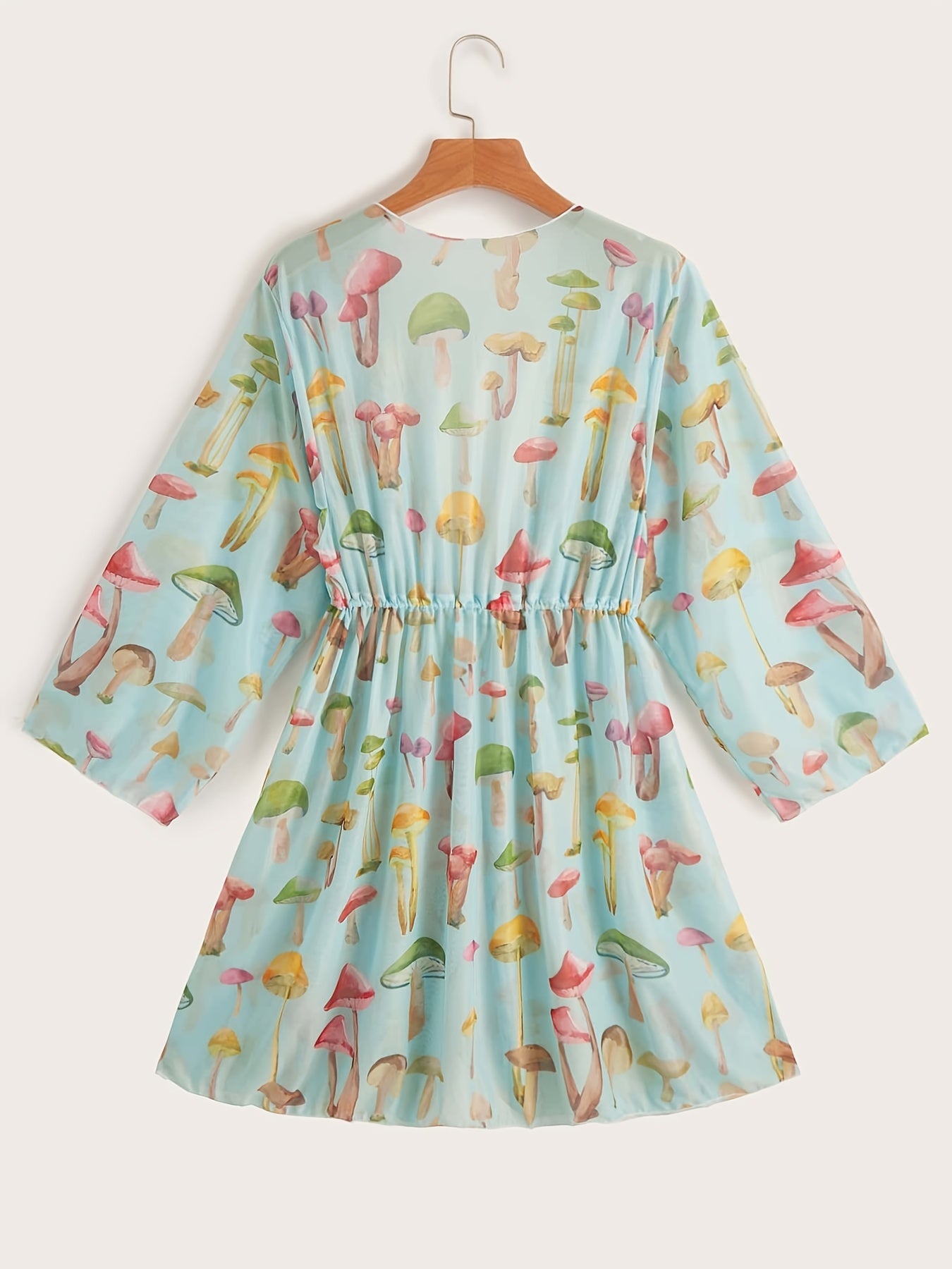 Mushroom Print Kimono Drawstring Long Sleeve Cover Up Shirt